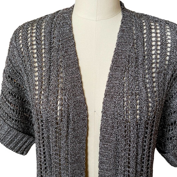 Chico's Additions Cardigan Sweater Gray Silver Metallic Open Knit - Picture 3 of 7
